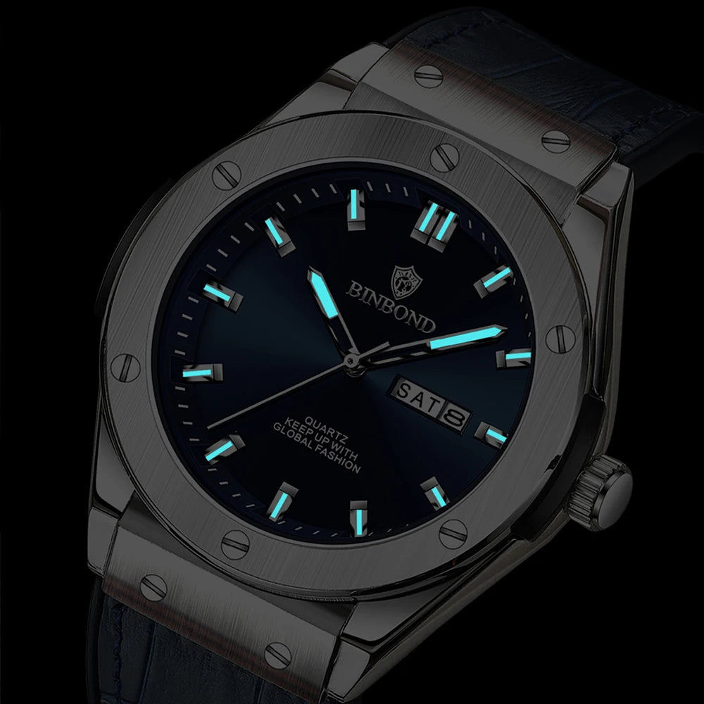 BINBOND Fashion Men's Watches Trend Classic Original Quartz Watch for Man Waterproof Luminous Week Date Wristwatch Silicone New