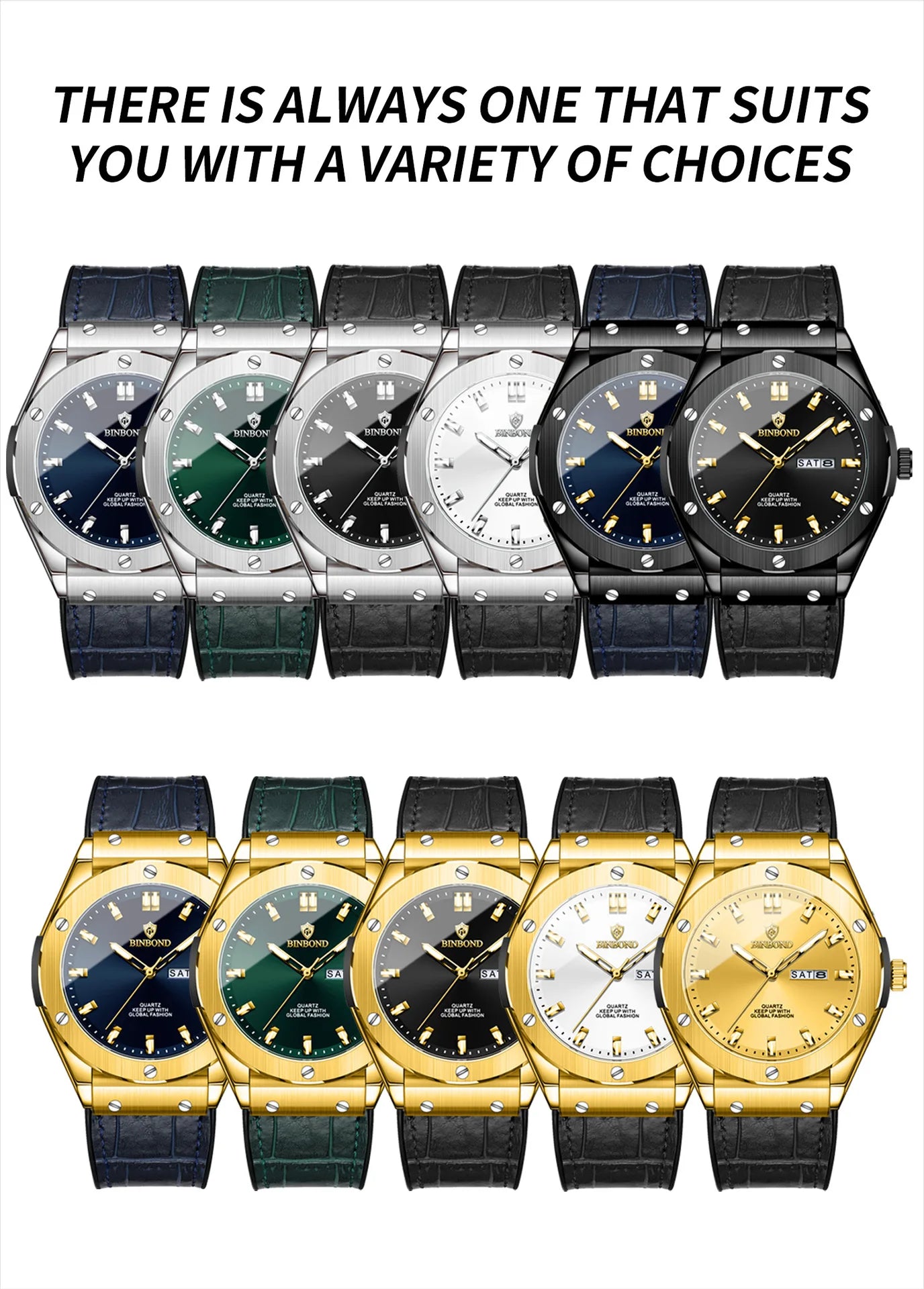 BINBOND Fashion Men's Watches Trend Classic Original Quartz Watch for Man Waterproof Luminous Week Date Wristwatch Silicone New