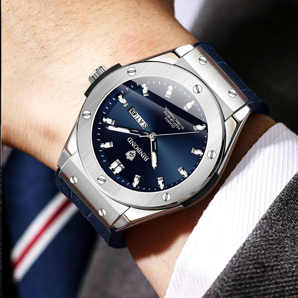 BINBOND Fashion Men's Watches Trend Classic Original Quartz Watch for Man Waterproof Luminous Week Date Wristwatch Silicone New