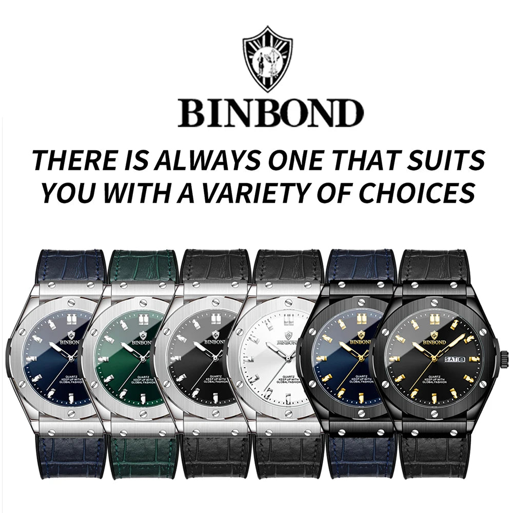 BINBOND Fashion Men's Watches Trend Classic Original Quartz Watch for Man Waterproof Luminous Week Date Wristwatch Silicone New