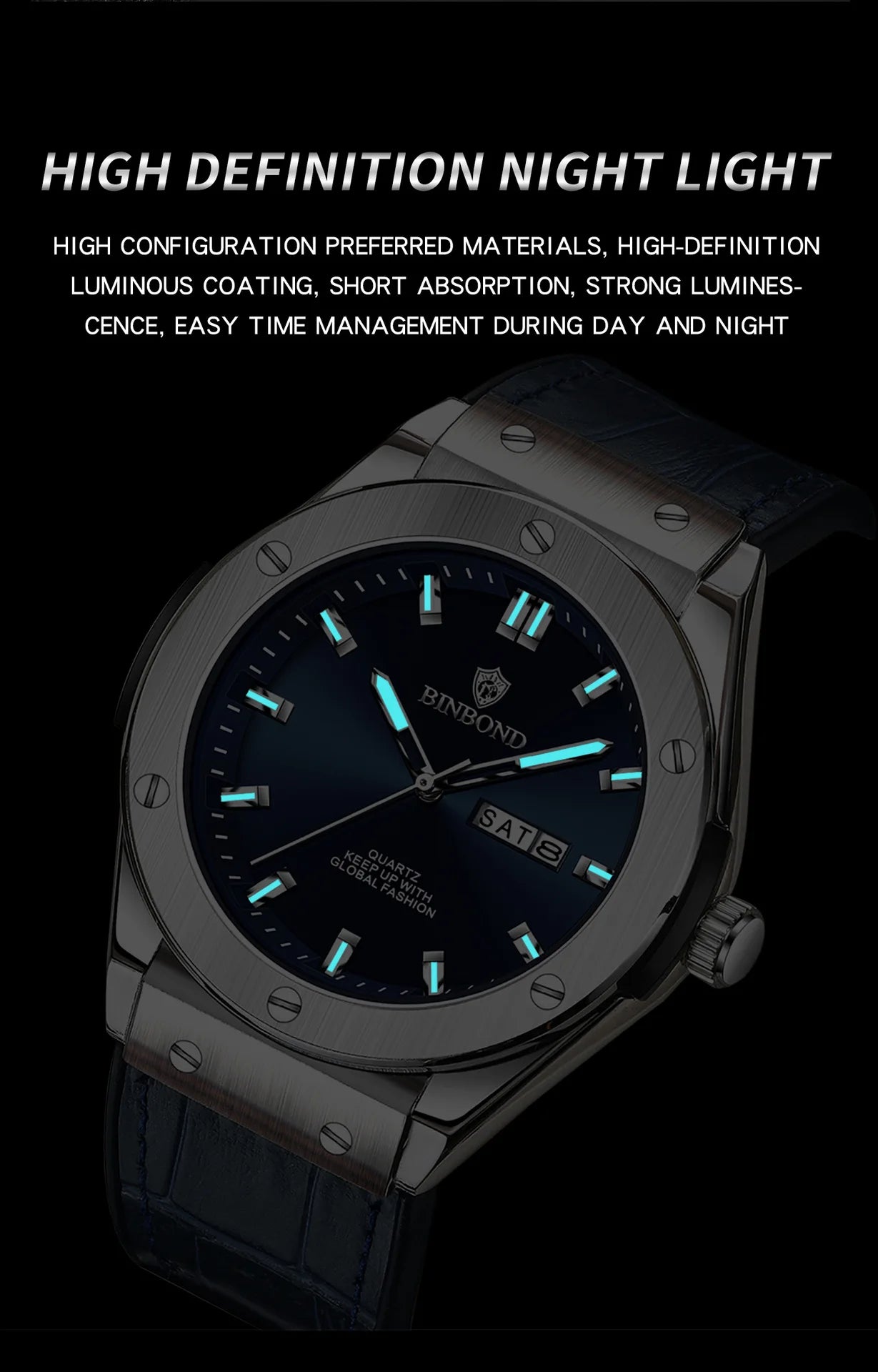 BINBOND Fashion Men's Watches Trend Classic Original Quartz Watch for Man Waterproof Luminous Week Date Wristwatch Silicone New
