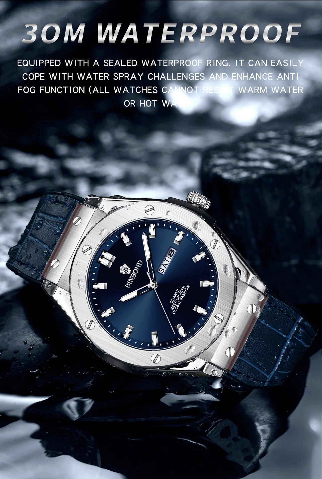 BINBOND Fashion Men's Watches Trend Classic Original Quartz Watch for Man Waterproof Luminous Week Date Wristwatch Silicone New