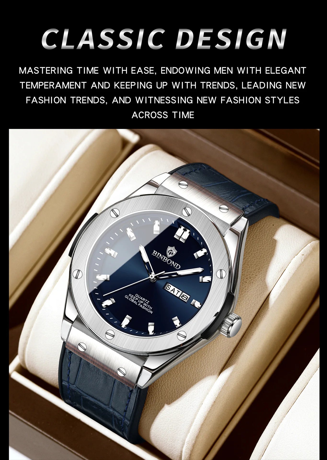 BINBOND Fashion Men's Watches Trend Classic Original Quartz Watch for Man Waterproof Luminous Week Date Wristwatch Silicone New
