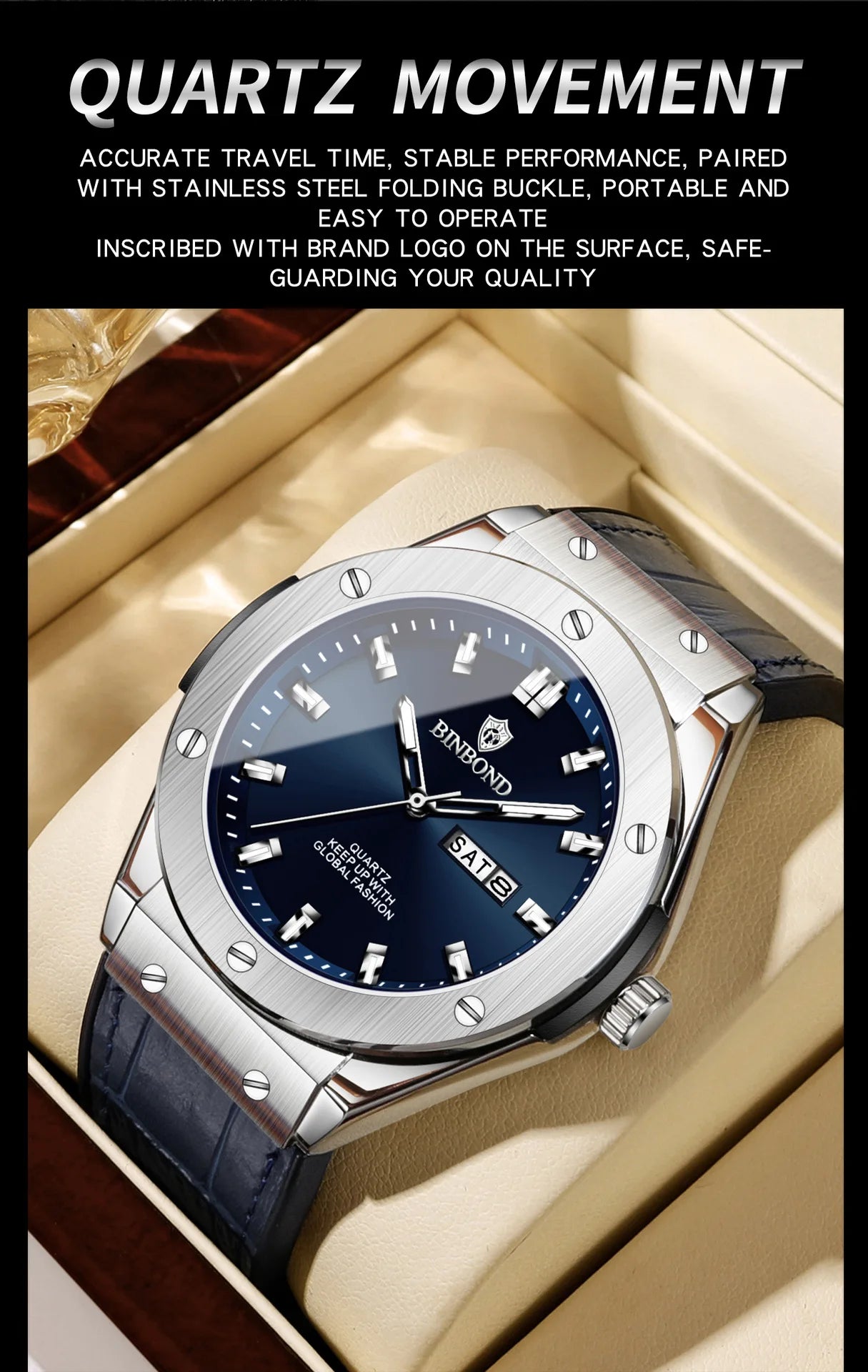 BINBOND Fashion Men's Watches Trend Classic Original Quartz Watch for Man Waterproof Luminous Week Date Wristwatch Silicone New